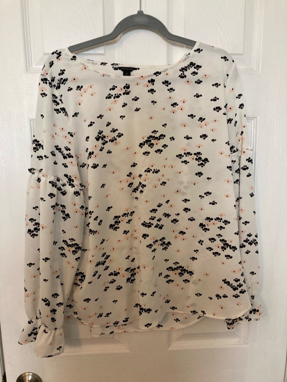 Ann Taylor Cream Blouse with Black and Peach Floral Print